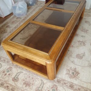 Large Oak-Finish Coffee Table with Glass Panels