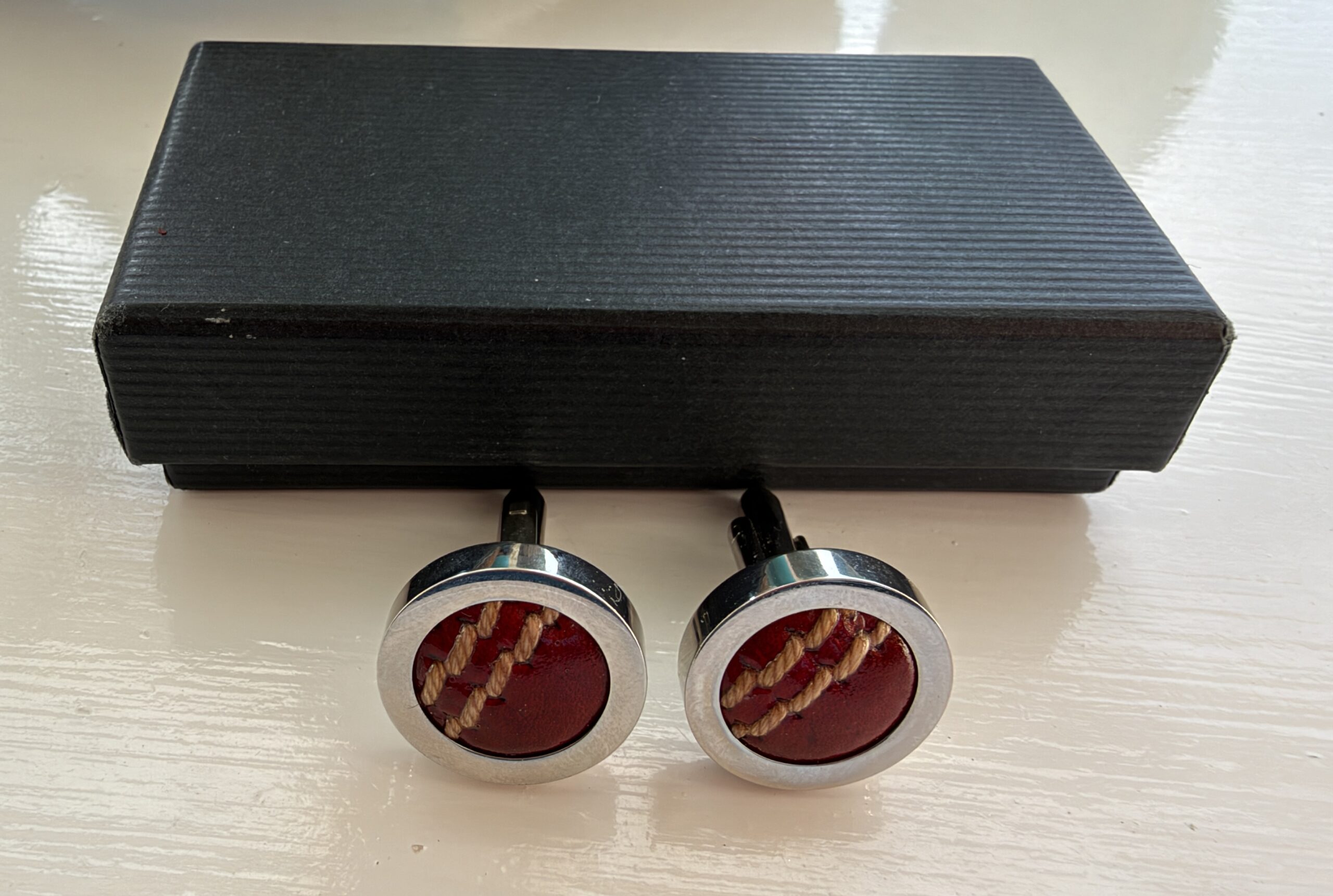 Cricket Ball Cufflinks Red & Silver Tone with Presentation Box – Cricketer Gift